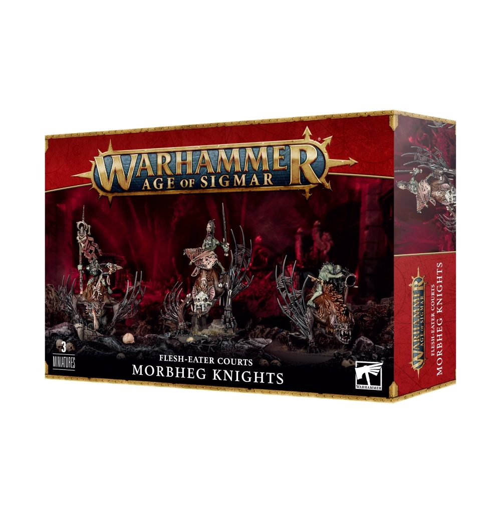 Boîte de jeu Warhammer Age of Sigmar avec un bandeau supérieur rouge portant le logo officiel doré du jeu. L'illustration centrale présente une unité de trois Chevaliers de Morbheg de la faction Flesh-Eater Courts, des chevaucheurs goules à la peau verdâtre montés sur de monstrueuses chauves-souris géantes aux ailes membraneuses repliées. Les cavaliers tiennent un écu macabre, une lance et un étendard en peau tannée tout en sillonnant un sol rocheux et sombre jonché de crânes sous une atmosphère rouge ténébreuse. En bas de la boîte, les inscriptions indiquent « 3 MINIATURES », « FLESH-EATER COURTS » et « MORBHEG KNIGHTS ».