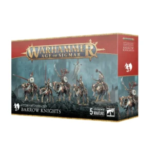 Boîte de produit officielle du kit de figurines des Chevaliers des Tertres (Barrow Knights) pour la faction Soulblight Gravelords dans Warhammer Age of Sigmar. L'emballage rectangulaire horizontal présente en haut le grand logo officiel Warhammer Age of Sigmar en lettres métalliques dorées sur une bannière rouge bordeaux. L'illustration centrale met en scène cinq cavaliers squelettiques en armures sombres patinées, arborant des casques ailés et des boucliers gravés, armés de lances, d'épées anciennes, d'un cor de guerre et d'une bannière. Ils chevauchent des destriers squelettiques caparaçonnés au galop sur un sol rocheux sombre. Le panneau latéral droit rouge bordeaux affiche l'icône de dragon blanche de la faction. En bas, le bandeau noir indique SOULBLIGHT GRAVELORDS BARROW KNIGHTS à gauche, la mention 5 CITADEL MINIATURES et le logo carré blanc Citadel Warhammer à droite.