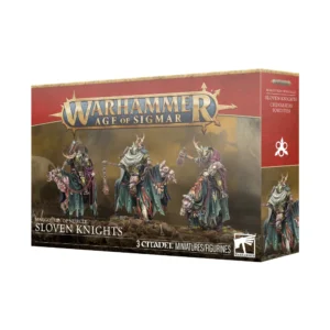 Boîte de produit officielle du kit de figurines des Chevaliers Sordides (Sloven Knights) pour la faction Maggotkin of Nurgle dans Warhammer Age of Sigmar. L'emballage rectangulaire présente en haut le grand logo officiel Warhammer Age of Sigmar en lettres métalliques dorées sur une bannière rouge bordeaux. L'illustration centrale met en scène trois cavaliers en armures de plaques métalliques rouillées chevauchant des destriers corrompus drapés de caparaçons vert sombre déchirés. Les montures présentent des têtes monstrueuses et affamées, tandis que leurs cavaliers manient des fléaux à chaîne, des haches et des hachoirs sur un terrain rocheux parsemé de crânes. Le panneau latéral droit rouge bordeaux affiche le symbole de Nurgle ainsi que les titres Maggotkin of Nurgle, Sloven Knights et Chevaliers Sordides. En bas à gauche, l'inscription Maggotkin of Nurgle Sloven Knights surmonte le bandeau précisant 3 Citadel Miniatures/Figurines et le logo carré blanc Citadel Warhammer à droite.