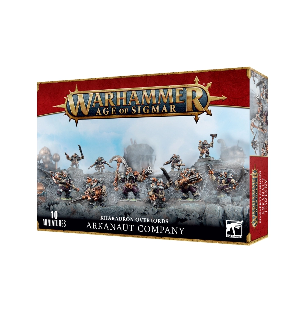 Boîte de produit officielle du kit de figurines de la Compagnie d'Arkanautes pour la faction Kharadron Overlords dans Warhammer Age of Sigmar. L'emballage horizontal arbore en haut le grand logo officiel Warhammer Age of Sigmar en lettres métalliques dorées sur une bannière rouge bordeaux. L'illustration centrale met en scène dix figurines de guerriers Duardins peintes avec soin, vêtues d'armures métalliques bronze et or ainsi que de vêtements violet sombre. Les soldats sont disposés sur un terrain rocheux gris et brumeux, armés de pistolets à skypike, de revolvers à répétition, de lames et d'armes lourdes à vapeur. Le panneau latéral droit rouge bordeaux présente le nom du produit. En bas à gauche, la mention « 10 MINIATURES » surmonte le texte « KHARADRON OVERLORDS ARKANAUT COMPANY » en lettres blanches, avec le logo carré blanc Citadel Warhammer à droite.