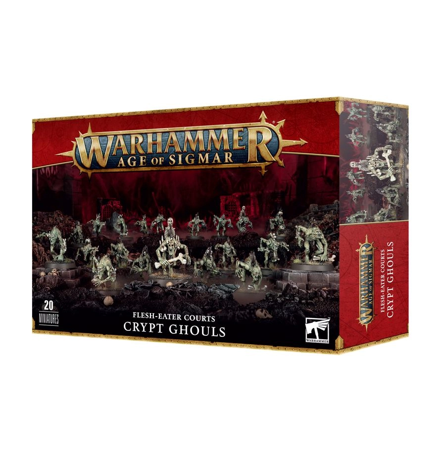 Boîte d'emballage de jeu Warhammer Age of Sigmar avec un bandeau rouge supérieur arborant le logo officiel doré du jeu. L'illustration centrale met en scène une horde de 20 figurines peintes des Crypt Ghouls de la faction Flesh-Eater Courts. Ces créatures cannibales à la peau verdâtre et à la posture voûtée progressent sur un sol sombre et rocheux jonché d'ossements, certaines tenant de grands os humains à la main. Le bas de la boîte porte les inscriptions « 20 MINIATURES », « FLESH-EATER COURTS » et « CRYPT GHOULS ».