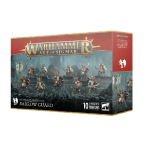 Boîte de produit officielle du kit de figurines de la Garde des Tertres (Barrow Guard) pour la faction Soulblight Gravelords dans Warhammer Age of Sigmar. L'emballage rectangulaire horizontal présente en haut le grand logo officiel Warhammer Age of Sigmar en lettres métalliques dorées sur une bannière rouge bordeaux. L'illustration centrale met en scène dix figurines de guerriers squelettes anciens, vêtus d'armures de plaques métalliques patinées et de casques ornés d'ailes. La troupe est armée d'épées anciennes, de haches et de boucliers gravés, accompagnés d'un porte-étendard arborant une bannière déchirée sur un sol rocheux et sombre. Le panneau latéral droit rouge bordeaux affiche l'icône de dragon blanche de la faction. En bas, le bandeau noir indique SOULBLIGHT GRAVELORDS BARROW GUARD à gauche, la mention 10 CITADEL MINIATURES et le logo carré blanc Citadel Warhammer à droite.