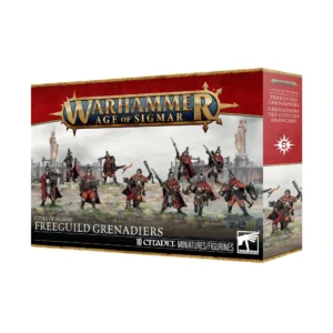 Vue de trois quarts de la boîte d'emballage officielle des figurines Grenadiers des Guildes Franches (Freeguild Grenadiers) pour le jeu Warhammer Age of Sigmar. La partie supérieure présente un bandeau rouge texturé avec le logo officiel doré et blanc "Warhammer Age of Sigmar". L'illustration centrale met en scène dix soldats humains en armure de plates sombre et longues capes bordeaux, déployés en position de combat sur une plaine rocheuse et herbeuse, sous un ciel brumeux devant des remparts fortifiés. Les combattants manient diverses armes spécialisées : des fusils à silex, des grenades de style grenades à manche, des haches et des masses lourdes, tandis qu'un soldat au centre court en tenant une torche enflammée. Le bas de la boîte, de couleur noire, affiche les inscriptions blanches "CITIES OF SIGMAR", "FREEGUILD GRENADIERS" et "10 CITADEL MINIATURES/FIGURINES". Le flanc droit de la boîte, de couleur rouge, indique clairement le nom du produit en anglais et en français, "GRENADIERS DES GUILDES FRANCHES", juste au-dessus d'une icône d'étoile blanche à huit branches frappée de la lettre S.