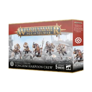 Boîte de produit officielle du kit de figurines des Harponneurs Vongrim (Vongrim Harpoon Crew) pour la faction Kharadron Overlords dans Warhammer Age of Sigmar. L'emballage rectangulaire horizontal arbore en haut le grand logo officiel Warhammer Age of Sigmar en lettres métalliques dorées sur une bannière rouge bordeaux. L'illustration centrale met en scène cinq guerriers Duardins en combinaisons de vol et armures métalliques bronze et or, équipés de ballons-propulseurs dorsaux et armés de tridents, de harpons et de fusils grappins sur un terrain rocheux sombre. Le panneau latéral droit rouge bordeaux présente l'icône de rouage blanche de la faction ainsi que le nom du produit. En bas, le bandeau noir indique KHARADRON OVERLORDS VONGRIM HARPOON CREW, accompagné de la mention 5 CITADEL MINIATURES et du logo carré blanc Citadel Warhammer à droite.