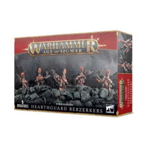 Boîte de produit officielle du kit de figurines Hearthguard Berzerkers pour la faction Pyrotueurs dans Warhammer Age of Sigmar. L'emballage rectangulaire arbore en haut le grand logo officiel Warhammer Age of Sigmar en lettres métalliques dorées sur une bannière rouge bordeaux. L'illustration centrale met en scène cinq guerriers Duardins torse nu arborant d'imposantes crêtes et barbes orange vif, armés de grandes haches de guerre et d'armes d'hast à chaînes, disposés sur un terrain rocheux sombre avec des montagnes en arrière-plan. Le panneau latéral droit rouge bordeaux affiche le logo et le nom du produit. En bas à gauche, la mention 5 MINIATURES surmonte le texte FYRESLAYERS HEARTHGUARD BERZERKERS en lettres blanches, accompagné du logo carré blanc Citadel Warhammer à droite.