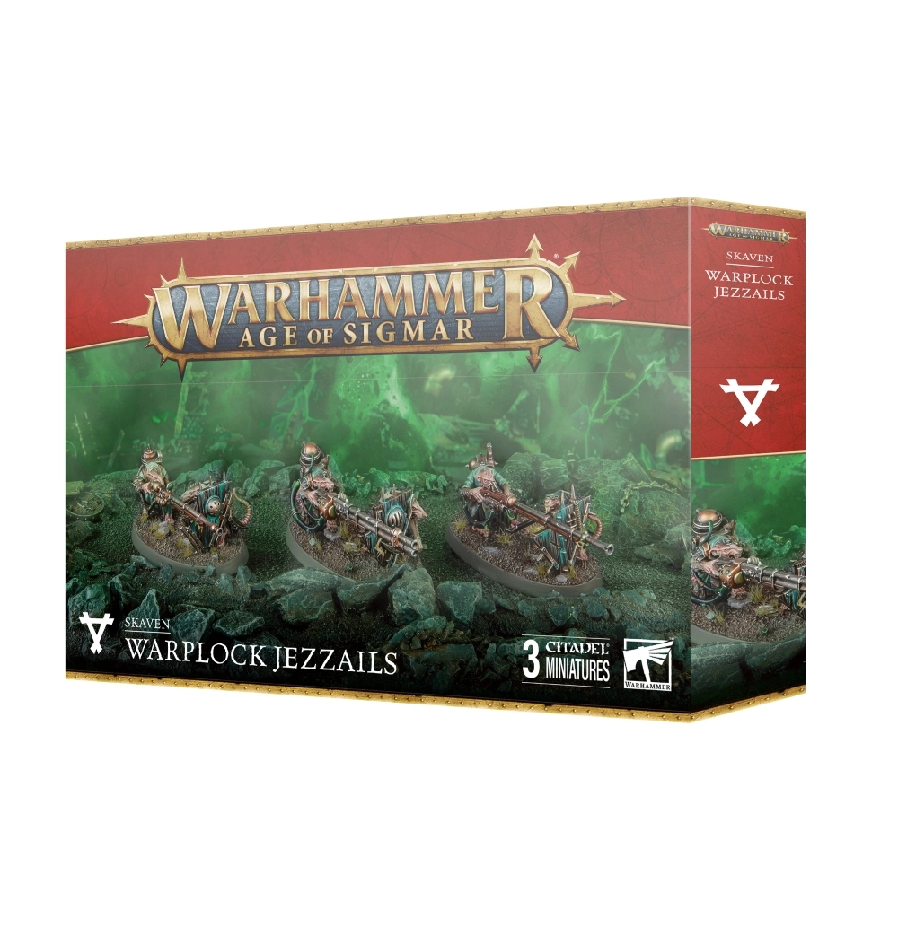 Boîte de jeu d'emballage Warhammer Age of Sigmar présentant le kit de figurines des Jezzails à Malepierre (Warplock Jezzails chez la faction Skaven). Le logo doré « WARHAMMER AGE OF SIGMAR » trône en haut au centre sur un fond baigné de brume vert incandescent. L'illustration centrale montre trois duos de snipers rats positionnés sur un sol rocailleux et sombre : chaque tireur pointe un long fusil expérimental au-dessus d'un massif pavois en bois renforcé tenu par son coéquipier. Au bas de la boîte figurent le symbole de la rune Skaven, l'inscription « SKAVEN WARPLOCK JEZZAILS », la mention « 3 CITADEL MINIATURES » ainsi que le logo Citadel Warhammer.