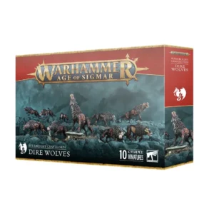 Boîte de produit officielle de l'unité de Loups Funestes (Dire Wolves) pour la faction Soulblight Gravelords dans Warhammer Age of Sigmar, vue de trois-quarts. En haut de l'emballage horizontal, le logo officiel Warhammer Age of Sigmar s'affiche en lettres métalliques dorées sur une bande rouge bordeaux. L'illustration centrale présente une meute de 10 loups morts-vivants au pelage sombre, à la chair décomposée laissant apparaître leurs côtes et leurs muscles, traversant un sol rocailleux sous un ciel sombre et brumeux, avec le loup central hurlant la tête haute. Le panneau latéral droit rouge bordeaux arbore l'icône de dragon blanche de la faction. En bas, le bandeau noir indique SOULBLIGHT GRAVELORDS DIRE WOLVES à gauche, la mention « 10 CITADEL MINIATURES » et le logo carré blanc Citadel Warhammer à droite.