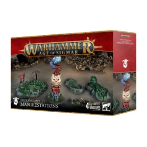 Visuel de l'emballage du kit de Manifestations des Clans Guerriers Orruks pour Warhammer Age of Sigmar. La boîte au design rouge et noir arbore le logo officiel doré "Warhammer Age of Sigmar" en haut, ainsi que la mention "ORRUK WARCLANS MANIFESTATIONS" et l'indication "4 CITADEL MINIATURES". L'illustration montre quatre éléments magiques spectaculaires : un imposant pied vert géant s'écrasant au sol, une colonne de crâne surmontée de fumée bleue et de volutes rouges, une mare verdoyante bouillonnante aux symboles lumineux et un petit bassin magique rocailleux.