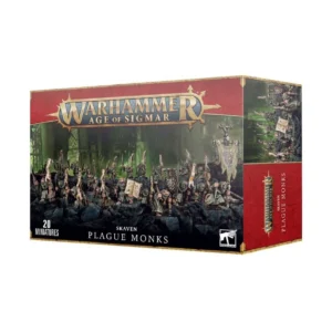 Visuel du packaging officiel Warhammer Age of Sigmar pour le coffret d'unité des Moines de la Peste (Plague Monks) de la faction Skaven. La boîte aux bordures dorées et au bandeau supérieur rouge présente en haut le logo officiel doré "Warhammer Age of Sigmar". L'illustration centrale, située dans un décor sombre d'égout baigné d'une lueur verdâtre, met en scène une horde de 20 Skavens vêtus de robes délabrées vert sombre. Ces fanatiques brandissent des dagues souillées, des bâtons liturgiques, un grimoire profane et un étendard maculé. En bas figurent l'inscription "SKAVEN PLAGUE MONKS" ainsi que la mention "20 MINIATURES".