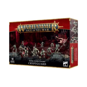 Boîte d'emballage de jeu Warhammer Age of Sigmar avec un bandeau rouge supérieur portant le logo officiel doré du jeu. Au centre, l'illustration montre une unité de dix figurines peintes des Prévôts des Cryptes de la faction Flesh-Eater Courts. Ces goules à la peau verdâtre et à la posture voûtée sont armées d'épées, de pieux et d'une bannière macabre faite de peau tannée, évoluant sur un socle de ruines sombres sous une lumière rouge menaçante. En bas de la boîte, les inscriptions mentionnent « 10 MINIATURES », « FLESH-EATER COURTS » et « CRYPTGUARD ».
