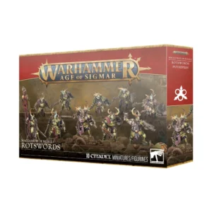 Boîte de produit officielle du kit de figurines des Putrépées (Rotswords) pour la faction Maggotkin of Nurgle dans Warhammer Age of Sigmar. L'emballage rectangulaire arbore en haut le grand logo officiel Warhammer Age of Sigmar en lettres métalliques dorées sur une bannière rouge bordeaux. L'illustration centrale met en scène dix guerriers en armures de plaques jaunâtres et verdâtres rongées par la rouille, coiffés de casques ornés de cornes et de bois. Les combattants manient d'imposantes épées corrodées, des hachoirs et des boucliers organiques sur un terrain sombre et marécageux. Le panneau latéral droit rouge affiche le symbole à trois cercles de Nurgle ainsi que les titres Maggotkin of Nurgle, Rotswords et Putrépées. En bas à gauche, le texte indique Maggotkin of Nurgle Rotswords, surmontant le bandeau inférieur précisant 10 Citadel Miniatures/Figurines et le logo carré blanc Citadel Warhammer.