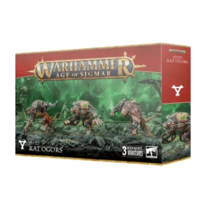 Visuel du packaging officiel Warhammer Age of Sigmar pour le coffret d'unité des Rats-ogors (Skaven Rat Ogors). La boîte aux bordures dorées et au bandeau supérieur rouge arbore en haut le logo officiel doré "Warhammer Age of Sigmar". L'illustration centrale, située dans un décor de ruines baigné d'une lueur verdoyante de malepierre, met en scène trois imposantes créatures Skavens monstrueuses et mutées à la musculature saillante, dotées d'implants de malepierre et d'armements greffés. En bas figurent le symbole triangulaire Skaven, l'inscription "SKAVEN RAT OGORS" ainsi que la mention "3 CITADEL MINIATURES".