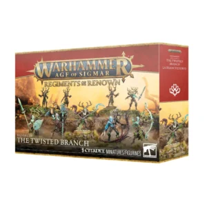 Visuel du packaging officiel Warhammer Age of Sigmar pour le coffret de figurines Régiment de Renom: La Branchetorve (Regiments of Renown: The Twisted Branch) de la faction Sylvaneth. La boîte aux bordures dorées présente un bandeau supérieur rouge arborant le logo officiel « Warhammer Age of Sigmar » et la bannière « Regiments of Renown ». L'illustration centrale, baignée dans un paysage forestier aux teintes chaudes et dorées, met en scène un groupe de 9 esprits de la forêt, dont un chef cornu armé d'une faux, des archers ailés et des guerriers sylvestres aux lames végétales. Sur la tranche droite rouge figure le symbole blanc de la faction Sylvaneth accompagné de l'inscription « LA BRANCHETORVE ». En bas du coffret sont inscrits la mention « 9 CITADEL MINIATURES/FIGURINES » et le nom anglais du produit.