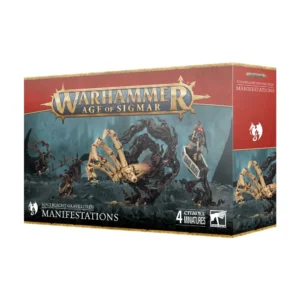 Boîte de produit officielle du kit de figurines Seigneurs Ruinemânes: Manifestations (Soulblight Gravelords Manifestations) pour Warhammer Age of Sigmar, vue de trois-quarts. En haut de l'emballage rectangulaire horizontal, le logo officiel Warhammer Age of Sigmar s'affiche en lettres métalliques dorées sur une bannière rouge bordeaux. L'illustration centrale sur un fond sombre et brumeux montre quatre manifestations magiques macabres : une main squelettique géante surgissant d'un tourbillon de fumée noire, un cercueil de pierre ouvert dressé sur des effluves ténébreux, et des ronces d'os et d'épines émergeant du sol. Le panneau latéral droit rouge bordeaux présente l'icône de dragon blanche de la faction. En bas, le bandeau noir indique SOULBLIGHT GRAVELORDS MANIFESTATIONS à gauche, la mention 4 CITADEL MINIATURES et le logo carré blanc Citadel Warhammer à droite.