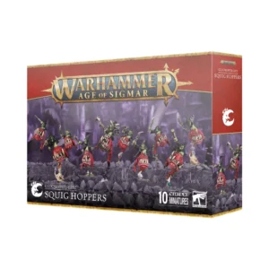Visuel du packaging officiel Warhammer Age of Sigmar pour le coffret d'unité des Squigaliers (Squig Hoppers) de la faction Gloomspite Gitz. La boîte aux bordures dorées et au bandeau supérieur rouge présente en haut le logo officiel doré "Warhammer Age of Sigmar". L'illustration centrale sur fond de caverne violette avec des champignons géants met en scène une bande de 10 Grots à la peau verte chevauchant frénétiquement de joyeux Squigs rouges bondissants aux mâchoires béantes armées de dents acérées. En bas figurent le symbole du croissant de lune, l'inscription "GLOOMSPITE GITZ SQUIG HOPPERS" ainsi que la mention "10 CITADEL MINIATURES".