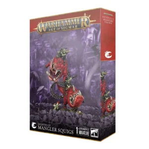 Visuel du packaging officiel Warhammer Age of Sigmar pour la figurine des Squigs Déchiqueteurs (Mangler Squigs) de la faction Gloomspite Gitz. La boîte aux bordures dorées et au bandeau supérieur rouge présente en haut le logo officiel doré "Warhammer Age of Sigmar". L'illustration centrale sur fond de caverne violette montre deux gigantesques créatures sphériques rouges et furieuses bondissant de manière déchaînée, reliées l'une à l'autre par d'imposantes chaînes en fer avec plusieurs Grots chevauchant frénétiquement les monstres. En bas figurent le symbole du croissant de lune, l'inscription "GLOOMSPITE GITZ MANGLER SQUIGS" ainsi que la mention "1 CITADEL MINIATURE".