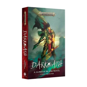 Visuel de la couverture du livre Darkoath, un roman Black Library écrit par Chris Thursten sous l'intitulé "A Gunnar Brand Novel". L'illustration montre de trois-quarts un guerrier barbare musclé en armure de plaques usée, brandissant deux haches de guerre sur un champ de bataille brumeux aux teintes vertes et pourpres. Une cape déchirée flotte au vent derrière lui. Le logo officiel doré "Warhammer Age of Sigmar" trône au-dessus du personnage, tandis que le titre "DARKOATH", stylisé avec un crâne dans la lettre O, s'affiche en grand en bas de la couverture. La tranche rouge du livre est visible sur la gauche.