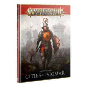 A three-quarter view of the hardcover book cover for Order Battletome: Cities of Sigmar (Anglais). The top section features a vibrant red border containing the iconic gold and white "Warhammer Age of Sigmar" logo. The central illustration depicts a battle-worn human soldier wearing detailed silver plate armor, a classic sallet helmet with a bicolored plume, and a bright orange and yellow tabard bearing a dark crest. He holds a large heater shield painted in red and white heraldry and grips a warhammer, standing amidst a battlefield littered with fallen foes. In the misty, desaturated background, a massive army and towering defensive fortifications rise under a cloudy sky. The bottom of the cover fades into a solid black bar with the text "ORDER BATTLETOME" in small font and "CITIES OF SIGMAR" in large, elegant white capital letters. The spine is visible on the left, colored in deep red with the book's title printed vertically in white.