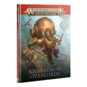 A hardback copy of Order Battletome: Kharadron Overlords (Anglais) for Warhammer Age of Sigmar, shown from a three-quarter angle. At the top of the cover, the metallic gold Warhammer Age of Sigmar logo sits on a dark red banner. The central cover illustration features airborne Duardin warriors flying through cloudy skies using brass-and-copper endrin-rig spheres attached to their backs. In the foreground, a warrior wearing gold armor, purple trousers, and braided hair holds a spyglass and a grappling hook launcher. A large sky-vessel airship is visible in the background against a light blue sky and mountain peaks. The red spine reads "KHARADRON OVERLORDS" in white capital letters. Near the bottom, the cover displays the text "ORDER BATTLETOME" above "KHARADRON OVERLORDS" in large white lettering.