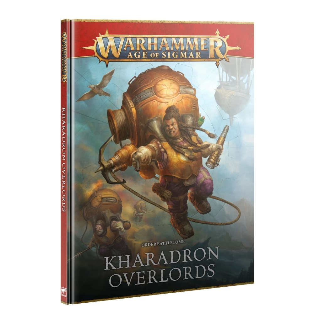 A hardback copy of Order Battletome: Kharadron Overlords (Anglais) for Warhammer Age of Sigmar, shown from a three-quarter angle. At the top of the cover, the metallic gold Warhammer Age of Sigmar logo sits on a dark red banner. The central cover illustration features airborne Duardin warriors flying through cloudy skies using brass-and-copper endrin-rig spheres attached to their backs. In the foreground, a warrior wearing gold armor, purple trousers, and braided hair holds a spyglass and a grappling hook launcher. A large sky-vessel airship is visible in the background against a light blue sky and mountain peaks. The red spine reads "KHARADRON OVERLORDS" in white capital letters. Near the bottom, the cover displays the text "ORDER BATTLETOME" above "KHARADRON OVERLORDS" in large white lettering.
