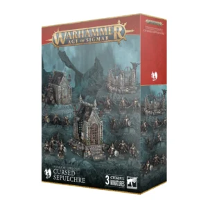Boîte de produit officielle du kit de décors Sépulcre Maudit/Nexus de Deuil (Cursed Sepulchre) pour la faction Soulblight Gravelords dans Warhammer Age of Sigmar, vue de trois-quarts. En haut de l'emballage vertical, le logo officiel Warhammer Age of Sigmar apparaît en lettres métalliques dorées sur une bannière rouge bordeaux. L'illustration centrale présente trois éléments de décor gothiques en pierre sculptée patinée et portes en fer forgé : un mausolée imposant aux murs ornés de crânes, une ruine avec grille en fer forgé et un bâtiment funéraire secondaire, disposés sur un terrain rocailleux sombre entouré de guerriers squelettes. Le panneau latéral droit rouge bordeaux arbore l'icône de dragon blanche de la faction. En bas, le bandeau noir affiche l'inscription SOULBLIGHT GRAVELORDS CURSED SEPULCHRE à gauche, la mention « 3 CITADEL MINIATURES » et le logo carré blanc Citadel Warhammer à droite.