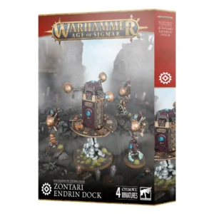 Boîte de produit officielle du Stratoponton Zontari pour la faction Kharadron Overlords dans Warhammer Age of Sigmar. L'emballage vertical arbore en haut le grand logo officiel Warhammer Age of Sigmar en lettres métalliques dorées sur une bannière rouge bordeaux. L'illustration centrale met en scène une imposante station mécanique flottante composée d'une plateforme circulaire et d'un noyau cylindrique de couleur violet sombre et bronze, entourée de trois petits drones sphériques en lévitation. L'ensemble est maintenu dans les airs au-dessus d'un sol rocheux volcanique par d'épaisses colonnes de vapeur blanche. Le panneau latéral droit rouge bordeaux présente l'icône de rouage blanche de la faction. En bas, le bandeau noir affiche le texte KHARADRON OVERLORDS ZONTARI ENDRIN DOCK, accompagné du symbole de rouage, de la mention 4 CITADEL MINIATURES et du logo carré blanc Citadel Warhammer à droite.
