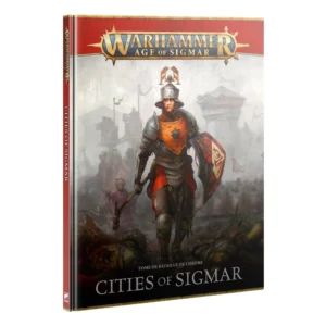 Vue de trois quarts de la couverture rigide du livre Tome de Bataille de l'Ordre: Cities of Sigmar. Le haut de la couverture présente une large bande rouge avec le logo officiel doré et blanc "Warhammer Age of Sigmar". L'illustration centrale montre en gros plan un soldat humain en armure de plates d'acier, arborant un tabard orange vif frappé d'une icône sombre et un casque de style salade doté d'un plumet bicolore. Il tient fermement un grand marteau de bataille et un bouclier héraldique rouge et blanc, se tenant debout au milieu d'un champ de bataille jonché de combattants tombés. À l'arrière-plan, une immense armée en marche se dessine dans la brume devant de hautes fortifications fortifiées. Le bas de la couverture noire affiche en lettres blanches la mention "TOME DE BATAILLE DE L'ORDRE" surmontant le titre principal "CITIES OF SIGMAR" écrit en grands caractères d'imprimerie. La tranche du livre, de couleur rouge avec le titre vertical, est visible sur le côté gauche.