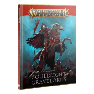 Couverture rigide du livre Tome de Bataille de la Mort: Soulblight Gravelords pour Warhammer Age of Sigmar. En haut, le logo officiel du jeu s'affiche en lettres dorées sur une bannière rouge. L'illustration centrale dépeint un seigneur vampire en armure rouge et cape sombre, chevauchant un destrier albinos aux yeux rouges incandescents tout en brandissant une épée rougeoyante. En fond, une armée de guerriers squelettes avance sous un ciel bleu-vert orné de runes occultes. Au bas de la couverture, les mentions « DEATH BATTLETOME » et « SOULBLIGHT GRAVELORDS » sont inscrites en blanc.