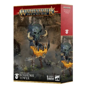 Visuel du packaging de l'élément de décor Tour de Rokkboss (Bossrokk Tower) pour Warhammer Age of Sigmar. La boîte affiche en haut le logo officiel doré "Warhammer Age of Sigmar", et en bas les inscriptions "ORRUK WARCLANS BOSSROKK TOWER" ainsi que "1 CITADEL MINIATURE". L'illustration montre une haute tour de guet orruk bâtie sur un échafaudage de poteaux en bois et d'ossements ficelés. La structure soutient un énorme crâne de pierre sombre parcouru de fissures vertes magiques, défendu à l'avant par une plaque métallique jaune vif ornée de pointes et de têtes de pieux.