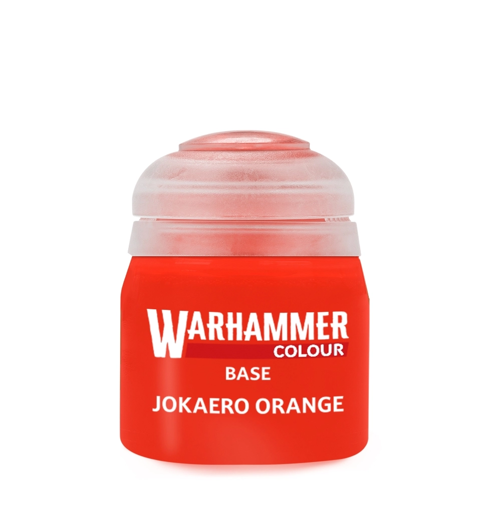 Pot de peinture acrylique officiel de la gamme Warhammer Colour affichant la couleur Base: Jokaero Orange. Le flacon transparent contient une peinture d'un orange vif et soutenu. L'étiquette frontale de couleur rouge porte le logo blanc et rouge « WARHAMMER COLOUR », suivi en dessous des inscriptions en lettres capitales blanches « BASE » et « JOKAERO ORANGE ». Le pot est fermé par son couvercle en plastique souple translucide caractéristique.