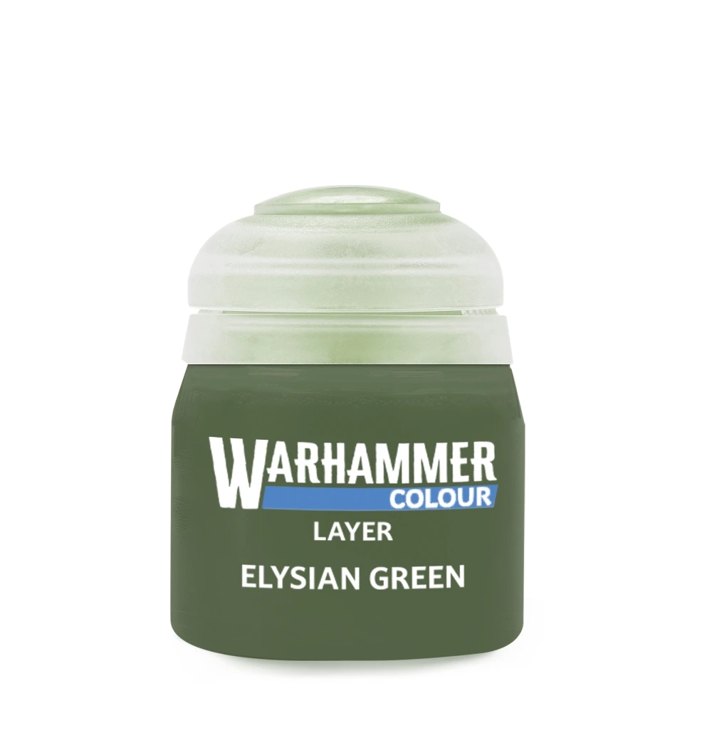 Photo de face d'un pot de peinture acrylique de la gamme Layer, teinte Elysian Green. Le pot en plastique transparent montre une peinture de couleur vert olive clair ou vert mousse doux. Sur l'étiquette vert foncé au centre, on distingue le logo officiel blanc "WARHAMMER COLOUR" souligné de bleu, avec les mentions "LAYER" et "ELYSIAN GREEN" imprimées en lettres capitales blanches. Le bouchon de sécurité en plastique translucide laisse entrevoir des nuances de vert clair à son sommet.