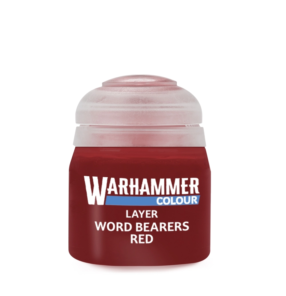 Pot de peinture acrylique officiel de la gamme Warhammer Colour affichant la couleur Layer: Word Bearers Red. Le flacon transparent contient une peinture de teinte rouge brique foncé / bordeaux. L'étiquette frontale de couleur rouge sombre porte le logo blanc souligné d'un trait bleu « WARHAMMER COLOUR », suivi en dessous des inscriptions en lettres capitales blanches « LAYER » et « WORD BEARERS RED ». Le pot est fermé par son couvercle en plastique souple translucide caractéristique.