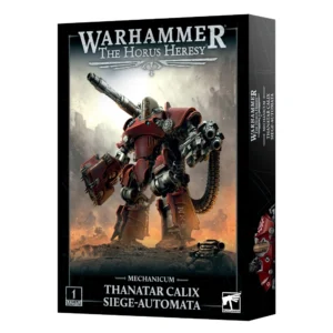Photo de présentation sur fond blanc de la boîte de jeu de l'Automate de Siège Thanatar Calix. La boîte rectangulaire sombre arbore en haut le logo argenté "WARHAMMER THE HORUS HERESY" et le titre "MECHANICUM THANATAR CALIX SIEGE-AUTOMATA" au centre en bas. L'illustration principale met en scène un colossal robot de guerre aux teintes rouge sombre et bronze, doté d'un long canon massif monté sur l'épaule et d'armes de poing mécaniques raccordées par des câbles d'alimentation, se tenant debout sur un champ de bataille enfumé jonché de débris. Le coin inférieur gauche affiche le macaron "1 CITADEL MINIATURE", tandis que le logo officiel "WARHAMMER" figure dans le coin inférieur droit.