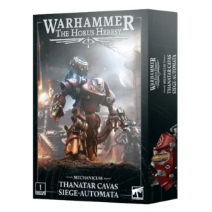 Photo de présentation sur fond blanc de la boîte de jeu de l'Automate de Siège Thanatar Cavas. La boîte rectangulaire sombre arbore en haut le logo argenté "WARHAMMER THE HORUS HERESY" et le titre "MECHANICUM THANATAR CAVAS SIEGE-AUTOMATA" au centre en bas. L'illustration principale met en scène un imposant robot de guerre mécanique aux teintes rouge et bronze, doté d'un mortier lourd monté sur le dos et d'un équipement de tir massif, se tenant debout au milieu d'une zone industrielle ravagée par les flammes et la fumée. Le coin inférieur gauche affiche le macaron "1 CITADEL MINIATURE", tandis que le logo officiel "WARHAMMER" est présent dans le coin inférieur droit.