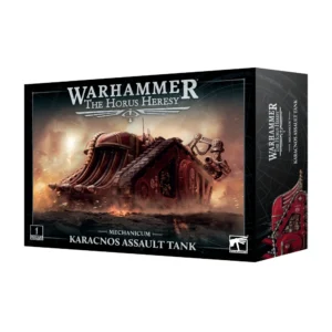 Photo de présentation sur fond blanc de la boîte de jeu du Char d'Assaut Karacnos. La boîte rectangulaire sombre arbore en haut le logo argenté "WARHAMMER THE HORUS HERESY" et le titre "MECHANICUM KARACNOS ASSAULT TANK" au centre en bas. L'illustration principale met en scène un impressionnant char de combat aux teintes rouge sombre et bronze métallisé, doté de larges chenilles dentelées et de lance-missiles automatiques, progressant sur un sol dévasté au milieu d'étincelles et d'un ciel embrasé. Le coin inférieur gauche présente le macaron "1 CITADEL MINIATURE", tandis que le logo officiel "WARHAMMER" est situé dans le coin inférieur droit.
