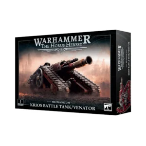 Photo de présentation sur fond blanc de la boîte de jeu du Char de Combat Krios/Venator. La boîte rectangulaire sombre arbore en haut le logo argenté "WARHAMMER THE HORUS HERESY" et le titre "MECHANICUM KRIOS BATTLE TANK/VENATOR" au centre en bas. L'illustration principale met en scène un véhicule blindé chenillé aux teintes rouge sombre et cuivre métallisé, équipé d'un long canon d'énergie massif à l'avant, progressant sur un terrain rocheux et enfumé sous un ciel embrasé. Le coin inférieur gauche présente le macaron "1 CITADEL MINIATURE", tandis que le logo officiel "WARHAMMER" est situé dans le coin inférieur droit.