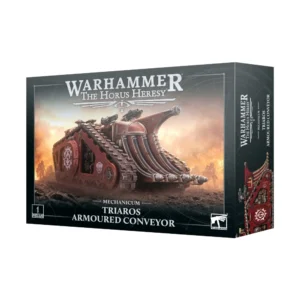 Photo de présentation sur fond blanc de la boîte de jeu du Convoyeur Blindé Triaros. La boîte rectangulaire noire arbore en haut le logo argenté "WARHAMMER THE HORUS HERESY" et le titre "MECHANICUM TRIAROS ARMOURED CONVEYOR" au centre en bas. L'illustration principale met en scène un imposant véhicule de transport du Mechanicum aux couleurs rouge et bronze, doté d'une proue incurvée massive parsemée de câbles de puissance et d'optiques, progressant sur un terrain dévasté et enfumé sous un ciel enflammé. Le coin inférieur gauche comporte le macaron "1 CITADEL MINIATURE", tandis que le logo officiel "WARHAMMER" est visible dans le coin inférieur droit.
