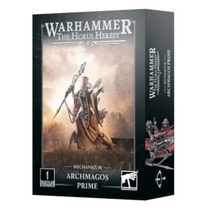 Photo de présentation sur fond blanc de la boîte de jeu du Primat Archimagos. La boîte rectangulaire sombre arbore en haut le logo argenté "WARHAMMER THE HORUS HERESY" et le titre "MECHANICUM ARCHMAGOS PRIME" au centre en bas. L'illustration principale met en scène le haut dirigeant du Mechanicum vêtu d'une lourde robe rouge et or, doté de multiples articulations mécaniques, de servos-bras et d'un bâton d'énergie, pointant du doigt le front au milieu d'un paysage de ruines embrasées. Le coin inférieur gauche affiche le macaron "1 CITADEL MINIATURE", tandis que le logo officiel "WARHAMMER" figure dans le coin inférieur droit.