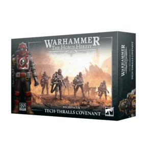Photo de présentation sur fond blanc de la boîte de jeu du Cénacle de Technoserfs. La boîte rectangulaire sombre arbore en haut le logo argenté "WARHAMMER THE HORUS HERESY" et la mention "MECHANICUM TECH-THRALLS COVENANT" au centre en bas. L'illustration met en avant à gauche un gros plan d'un cyborg en armure noire et rouge doté d'optiques métalliques, au-dessus de la mention "20 CITADEL MINIATURES". Au centre, un groupe de technoserfs mécanisés avance en formation sur un sol ravagé sous un ciel en feu. Le logo officiel "WARHAMMER" est présent dans le coin inférieur droit.