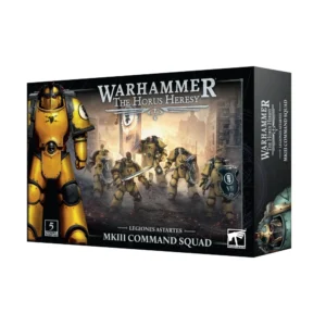 Photo de présentation sur fond blanc de la boîte de jeu de l'Escouade d'État-major de Légion MKIII. La boîte rectangulaire noire arbore en haut le logo argenté "WARHAMMER THE HORUS HERESY" et la mention "LEGIONES ASTARTES MKIII COMMAND SQUAD" au centre en bas. L'illustration principale met en valeur un Space Marine des Imperial Fists en armure de fer MKIII jaune vif au premier plan à gauche, au-dessus du macaron "5 CITADEL MINIATURES". Au centre, une escouade de cinq Space Marines en armure lourde avance dans un décor urbain en ruine et enfumé, armés de grands boucliers d'assaut, d'épées énergétiques et arborant un grand étendard de légion. Le logo officiel "WARHAMMER" apparaît dans le coin inférieur droit.