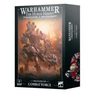 Photo de présentation sur fond blanc de la boîte de jeu de la Force de Combat du Mechanicum. La boîte rectangulaire sombre arbore en haut le logo argenté "WARHAMMER THE HORUS HERESY" et le titre "MECHANICUM COMBAT FORCE" au centre en bas. L'illustration principale met en scène une armée d'automates de guerre cybernétiques aux teintes rouge et bronze, dominée par un imposant automate de siège Thanatar à l'arrière-plan, entouré de robots Castellax et de soldats Thallax progressant sur un sol dévasté sous un ciel enflammé. Le coin inférieur gauche affiche le macaron "9 CITADEL MINIATURES", tandis que le logo officiel "WARHAMMER" figure dans le coin inférieur droit.