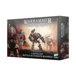 Photo de présentation sur fond blanc de la boîte de jeu de la Manipule d'Automates de Combat Castellax. La boîte rectangulaire sombre arbore en haut le logo argenté "WARHAMMER THE HORUS HERESY" et le titre "MECHANICUM CASTELLAX BATTLE-AUTOMATA MANIPLE" au centre en bas. L'illustration principale montre des automates de combat cybernétiques aux teintes rouge et bronze, équipés de canons montés sur l'épaule et de lourdes pinces mécaniques, progressant sur un champ de bataille enfumé sous un ciel orangé. Le côté gauche met en valeur un gros plan d'un robot Castellax au-dessus du macaron "2 CITADEL MINIATURES", tandis que le logo officiel "WARHAMMER" figure dans le coin inférieur droit.