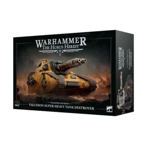Boîte d'emballage du kit de modélisme du Chasseur de Chars Super-lourd Falchion pour le jeu Warhammer: The Horus Heresy, présentée de trois-quarts sur un fond blanc neutre. Le packaging noir encadre une illustration centrale dynamique et enflammée où l'on voit le char d'assaut massif, peint dans les tons jaunes de la légion des Imperial Fists, progresser fièrement à travers un champ de bataille dévasté par des explosions ocre et orange. Le véhicule blindé est équipé de chenilles imposantes et d'un immense canon jumelé proéminent pointé vers l'avant. Le logo officiel blanc « WARHAMMER THE HORUS HERESY » est inscrit en haut au centre, tandis que la mention « FALCHION SUPER-HEAVY TANK DESTROYER » apparaît en lettres capitales blanches au bas de la boîte. La face latérale droite montre un aperçu technique de la figurine du char vue du dessus dans une livrée grise à bandes de signalisation noires et jaunes.