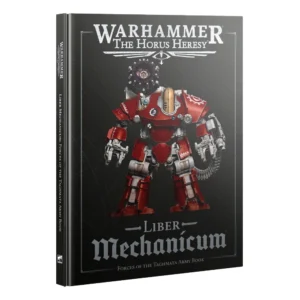 A three-quarter product photo against a plain white background showcasing the Liber Mechanicum: Forces of the Taghmata Army Book (Anglais) hardback rulebook. The dark black hardcover is framed by a delicate silver border line. At the top of the cover, the official logo "WARHAMMER THE HORUS HERESY" is displayed in metallic silver text. The central artwork features an imposing Mechanicum battle automaton rendered in red and metallic bronze armor, complete with mechanical limbs and a shoulder-mounted weapon. Near the bottom, the title "Liber Mechanicum" is printed in prominent grey gothic typography above the subtitle "FORCES OF THE TAGHMATA ARMY BOOK". The black spine displays the book title alongside the white Warhammer logo.