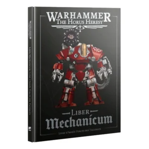 Photo de présentation sur fond blanc du livre relié Liber Mechanicum: Livre d'Armée Forces des Taghmata, présenté de trois-quarts. La couverture rigide d'un noir sombre est encadrée d'une fine bordure argentée. Le sommet de la couverture arbore le logo officiel "WARHAMMER THE HORUS HERESY" en lettres métalliques argentées. Au centre, l'illustration représente un imposant automate de guerre du Mechanicum à la blindage rouge et bronze métallisé, doté de bras mécaniques et d'un canon dorsal. En bas, le titre "Liber Mechanicum" est écrit en grandes lettres gothiques grises au-dessus de la mention "LIVRE D'ARMÉE FORCES DES TAGHMATA". La tranche noire du livre laisse apparaître le titre du produit et le logo Warhammer en lettres blanches.