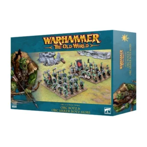 Visuel du packaging officiel Warhammer The Old World pour la boîte de figurines de la Bande de Boyz Orques et de Flèch' Boyz Orques (Orc Boyz & Orc Arrer Boyz Mobs) de la faction Orc & Goblin Tribes. La boîte au cadre bleu-canard arbore en haut le logo officiel doré et rouge « Warhammer The Old World ». L'illustration centrale sur fond de champ de bataille verdoyant présente deux grands régiments d'Orques à la peau verte : l'un armé pour le combat au corps à corps avec des haches, des épées et des boucliers, et l'autre équipé d'arcs. Sur la gauche, un dessin met en avant un imposant archer Orque en armure de cuir tenant son arc. En bas figurent l'inscription « ORC & GOBLIN TRIBES ORC BOYZ & ORC ARRER BOYZ MOBS » ainsi que la mention « 38 CITADEL MINIATURES ».