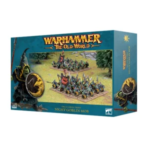 Visuel du packaging officiel Warhammer The Old World pour la boîte de figurines de la Bande de Gobelins de la Nuit (Night Goblin Mob) de la faction Orc & Goblin Tribes. La boîte au cadre bleu-canard arbore en haut le logo officiel doré et rouge "Warhammer The Old World". L'illustration centrale sur fond de champ de bataille verdoyant montre deux grands régiments de Gobelins vêtus de capuchons noirs : une unité de lanciers au premier plan arborant des boucliers au croissant de lune et une bannière rouge, et une unité d'archers en second plan. Sur la gauche, un dessin représente un Gobelin haineux abrité sous sa capuche. En bas figurent l'inscription "ORC & GOBLIN TRIBES NIGHT GOBLIN MOB" ainsi que la mention "40 CITADEL MINIATURES".