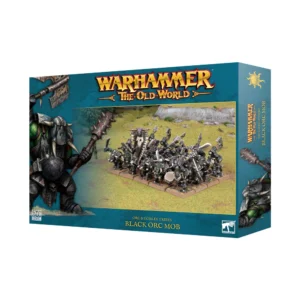 Visuel du packaging officiel Warhammer The Old World pour la boîte de figurines de la Bande d'Orques Noirs (Black Orc Mob) de la faction Orc & Goblin Tribes. La boîte au cadre bleu-canard arbore en haut le logo officiel doré et rouge « Warhammer The Old World ». L'illustration centrale sur fond de champ de bataille verdoyant présente un régiment de 20 Orques Noirs lourdement armés et engoncés dans de sombres armures de plaques métalliques. Ils sont équipés de haches, de masses d'armes et accompagnés d'un état-major avec bannière noire et tambour. Sur la gauche, un dessin met en avant un colossal Orque Noir grimaçant en armure rivetée holding une masse cloutée. En bas figurent l'inscription « ORC & GOBLIN TRIBES BLACK ORC MOB » ainsi que la mention « 20 CITADEL MINIATURES ».