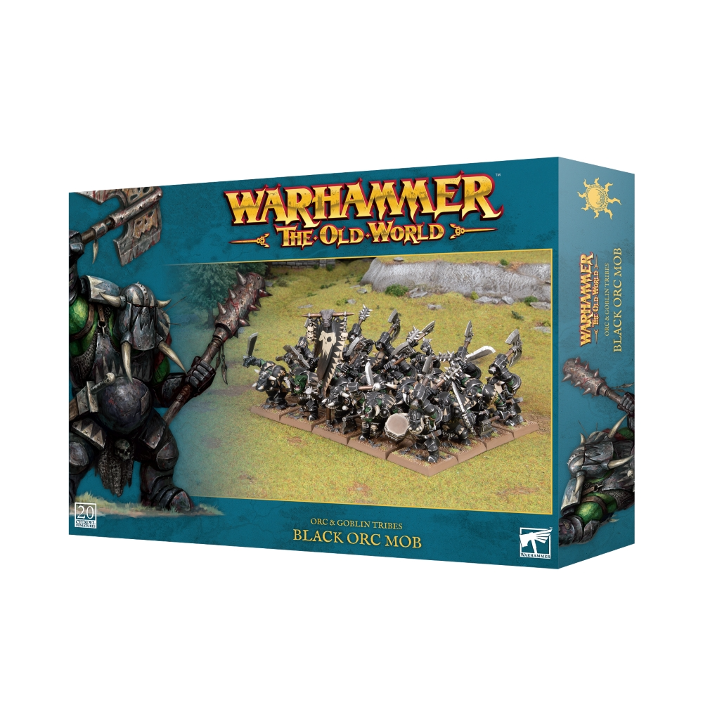 Visuel du packaging officiel Warhammer The Old World pour la boîte de figurines de la Bande d'Orques Noirs (Black Orc Mob) de la faction Orc & Goblin Tribes. La boîte au cadre bleu-canard arbore en haut le logo officiel doré et rouge « Warhammer The Old World ». L'illustration centrale sur fond de champ de bataille verdoyant présente un régiment de 20 Orques Noirs lourdement armés et engoncés dans de sombres armures de plaques métalliques. Ils sont équipés de haches, de masses d'armes et accompagnés d'un état-major avec bannière noire et tambour. Sur la gauche, un dessin met en avant un colossal Orque Noir grimaçant en armure rivetée holding une masse cloutée. En bas figurent l'inscription « ORC & GOBLIN TRIBES BLACK ORC MOB » ainsi que la mention « 20 CITADEL MINIATURES ».