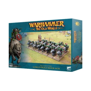Visuel du packaging officiel Warhammer The Old World pour la boîte de figurines des Bandes de Gobelins sur Loups (Goblin Wolf Rider Mob) de la faction Orc & Goblin Tribes. La boîte au cadre bleu-canard présente en haut le logo officiel doré et rouge "Warhammer The Old World". L'illustration centrale sur fond de champ de bataille montre un régiment de 15 Gobelins à la peau verte chevauchant de grands loups gris, armés de lances, d'arcs et de boucliers. Sur le côté gauche, une illustration met en avant un cavalier Gobelin féroce au galop sur sa monture. En bas figurent l'inscription "ORC & GOBLIN TRIBES GOBLIN WOLF RIDER MOB" ainsi que la mention "15 CITADEL MINIATURES".